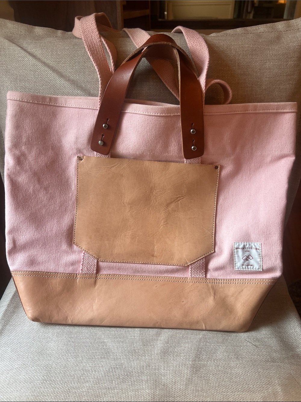 Immodest cotton pink canvas tote with leather accents